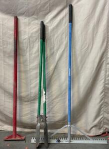 Underhoist Stand, Manual Post Hole Digger, And Large Rake
