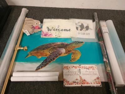 LED Channel. Turtle poster, stained glass window covering, blinds, miscellaneous window coverings.