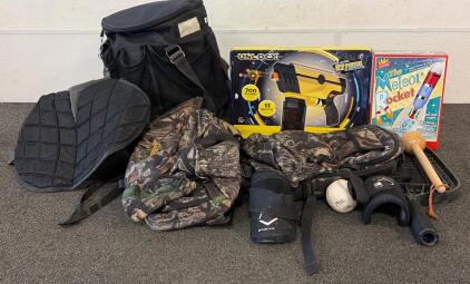 (1) Athletico Baseball Bag, (1) Cabelas Hunting Pack, (1) UnlocX V2 Pistol Gel Ball Blaster, And More