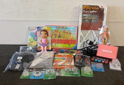 Brand New!!! (2) 3M Filtrete Micro Allergen Defense Air Filters, (1) Super Mario Labyrinth Board Game, (1) Baby Alive, And More