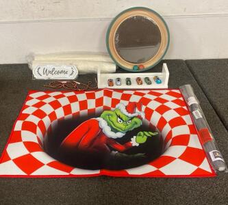 Nursery Shelves, Cat Toy, Christmas Floor Mat, Farm Animal Door Decal, Welcome Sign, (2) Sleeves of Paper Cups, (6) Door Hooks, (6) Assorted Toy Cars.