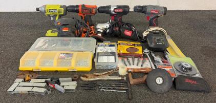 (1) Drill Master 4-1/2&rdquo; Angle Grinder, (1) Warrior 1.1 Amp Corner/Detail Sander, (1) RYOBI Charger, And More