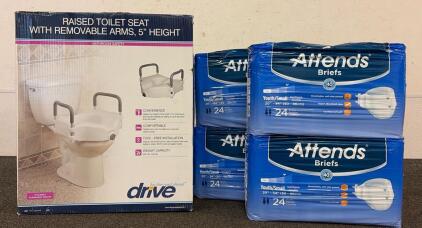 (1) Raised Toilet Seat With Removable Arms, 5&rdquo; Height And (4) Attends Briefs Youth/Small Panties