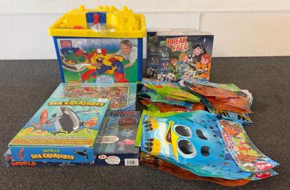 (2) BRAND NEW!! Break Free Board Games, (1) Children&rsquo;s Map Of The Workd 500 Piece Jigsaw Puzzle, (1) Ravensburger 1000 Puzzle, And More