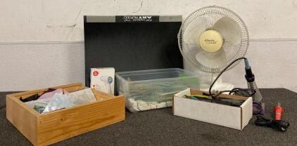 17&rdquo;x22&rdquo; Art Portfolio, (3) Boxes Of Craft Glass Pieces, (2) Soldering Irons With Stand, Atlantic Breeze Fan (Works)
