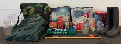 (1) Pair Of Northsude Steel Toe Waterproof Rubber Boots, (1) Inflatable Mattress, Coca-Cola Products, And More