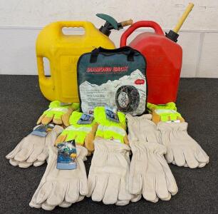 (1) No-Spill 5-Gallon Diesel Fuel Can, (1) 5 Gallon Gasoline Can, (10) Pairs Of Premium Quality Safetywear, And (1) Bag Of Tire Chains