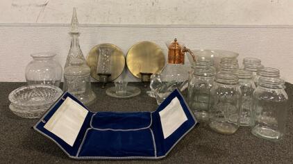(11) Mason Quart Jars, (2) Wall Sconces, (2) Glass Ashtrays, Other Glassware, And Dighton Rose Silverware
