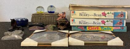 (2) Beautiful Framed Paintings, Wicker Basket w/ Sewing Threads, (4) Vintage Board Games, & More Home Decor
