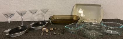 (4) MIKASA FLAME D'AMORE Martini Crystal Stemware Glass Frosted Petals Slovenia, Snapware, Pyrex Casserole Dishes, Collection Of Antique Sterling Silver Serving Utensils And More
