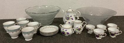(2) Crystal Bowls, (1) Complete Tea Set, (1) Incomplete Tea Set