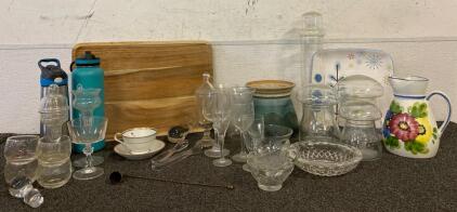 Various Glassware, Thermoflask, Contigo Thermos, Ceramic Dishes, Wooden Tray And More