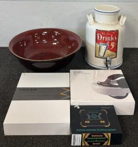 Large Ceramic Bowl, Vintage Beverage Dispenser, Vehicle Altitude Leveling System, Wavlink AC1200 Dualband Gigabit WiFi Router, & Sonicgrace Magnetic Battery Head Strap