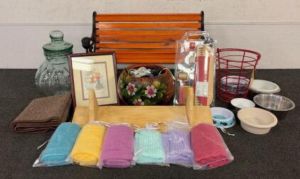 (1) Decorative Stained Wooden Bench, (7) Animal Food Bowls, (1) Glass Cookie Jar, And More