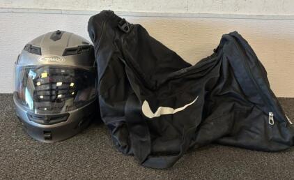 GMAX Silver Motorcycle Helmet & Black Nike Duffel Bag