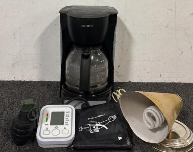 Mr. Coffee 12 Cup Coffee Maker, Electric Blood Pressure Monitor, Replica Grenade, & Small Vintage Lamp