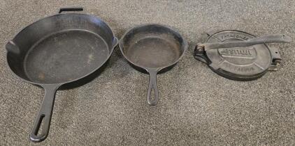 (2) Cast Iron Pans & Cast Iron Tortilla Press