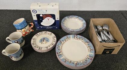 Christmas Plates/Bowls/Cups & Stainless Steal Silverware