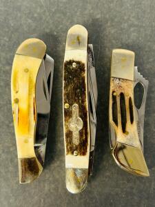 (3) Bone Handle Style Folding Pocket Knives