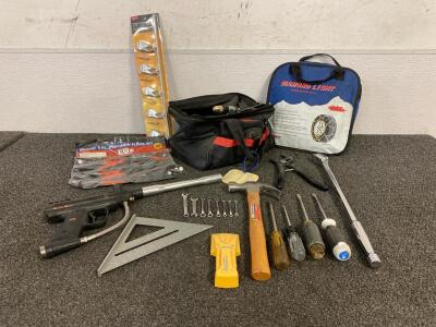 Craftsman Tool Bag, Diamond Light Tire Chains, Spring Grip Organizers Rail, Pittsburgh 4Pc. Precision Plier Set, NRS Frame 1/2" Ratchet Wrench, Screwdrivers, Wrenches, Hammer, And Other Various Tools, Black Maxx PMI Paintball Gun