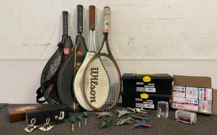 (4) Tennis Rachets, (2) Mini Tool Boxes, Halo ProLed 13 Watt CFL Replacements, Vintage Toy Airplanes, Dominoes, 2 Decks Of Cards