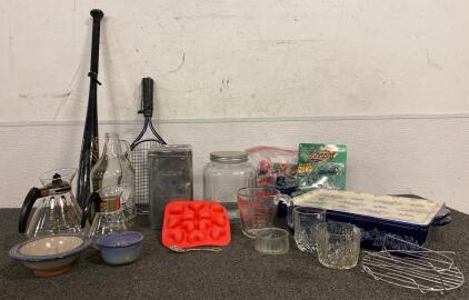 Porcelain Casserole Dish, Metal Flour Container, Glass Storage Jar, Growler, Pyrex Measuring Cup, Heart Molds, And More