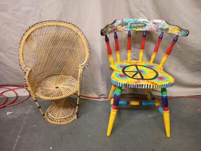 Rattan Peacock Chair, also Known as a Manilla or Philippine Chair 12"x30"x20", Hand-Painted Wooden Chair With a Tie-Dye Design And a Prominent Peace Sign. 18"x18"x30"