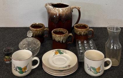 Vintage Drip Glaze Pottery Pitcher, (3) Brown Drip Glaze Mugs, (12) Small Salt Shakers, Vintage Ceramic Matching Dish Set & More Various Glassware