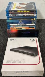 (10) Blu-Ray Movies, Downton Abbey Complete Collection, & LG Ultra Slim Portable DVD Writer