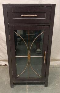 Dark Brown Accent Cabinet or Nightstand With a Glass Door Featuring a Decorative Copper-Toned Metal Overlay. 32"x13"x15"