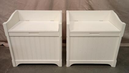 [2] White Wooden Storage Benchs With a Slatted Panel Design, 23"x14"x22"