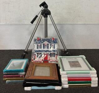 Velbon VEB-3 Professional Tripod, Vintage Avon Patriotic Lighted Fiber Optic House, & (13) Various Picture Frames