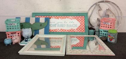 (4) Wall Signs Including 1 Whale Tail (4) Sterilite Plastic Organizing Bins (2) Wall Mirrors And More