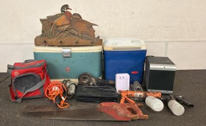 (1) Thermos Brand Metal Ice Chest, (1) Rubbermaid Cooler, (1) Pintle Hitch Receiver, And More