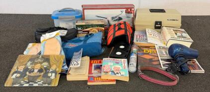 Household Items Including Books, Mens Loafers Size 11 (1) Brown Tackle Box