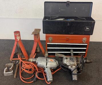 (2) Tool Boxes Filled W/ Various Tools (2) Hand Drills And (2) Jacks