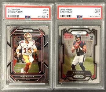 (2) PSA Graded Football Cards: 2023 Prizm CK Stroud Mint 9 and 2022 Prizm Brock Purdy Mint 9