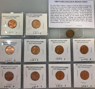 1909 VDB Lincoln Head Cent Penny Including (10) Brilliant Uncirculated Old Wheat Cent Pennies