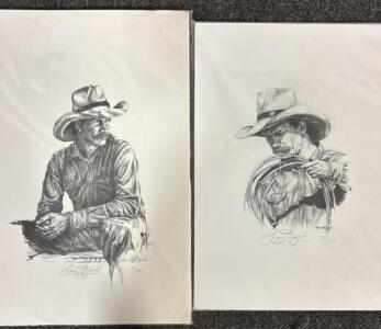(2) Beautiful Cowboy Graphite Drawings by Lori Musil / 14&rdquo; W x 10&rdquo; L