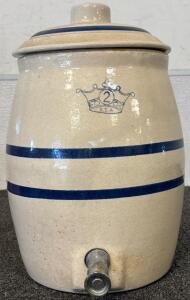 Vintage 2-Gal Crown Blue Strip Stoneware Crock Keg Made In USA