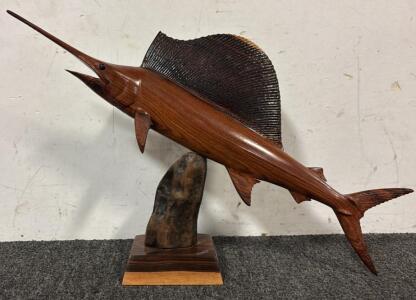 Hand-Carved Wooden Swordfish Sculpture / 12&rdquo; H