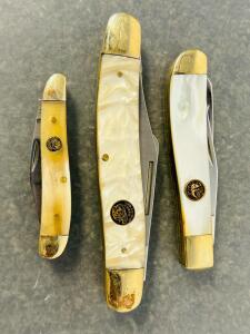 (3) Beautiful Pocket Folding Knives With Pearl/ Bone-Like Handles