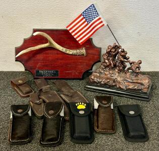 Small Mounted Antler, (9) Knife Holsters, and Plastic Sculpture
