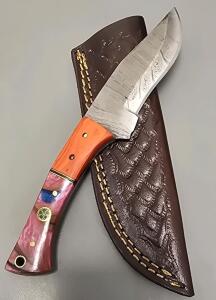 Custom Pink Handled Damascus Steel Hunting/Skinning Knife W/ Leather Sheath