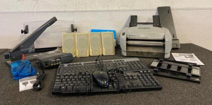 Martin Yale Model P7200 RapidFold Light-Duty Desktop Autofolder, (2) Pairs Of Speakers, Stapler, Motorola GM340 Mobile Two-Way Radio And Compact Heavy Duty Microphone, (2) Keyboards, And More