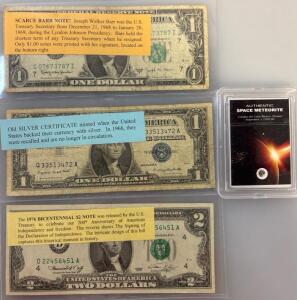 Joseph Walker Barr Note, 1966 Silver Certificate, Bicentennial \$2 Note, And Campo del Cielo Meteorite 2200 BC