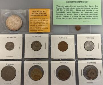 Old Mexican Silver Dollar Minted, Ancient Roman Coin, And Collection Of Various Foreign Coins