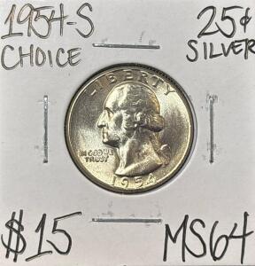 1954-S MS64 CHOICE SILVER WASHINGTON .25c