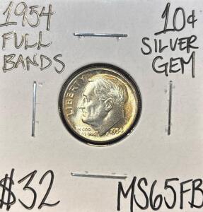 1954 MS65FB FULL BANDS GEM SILVER DIME