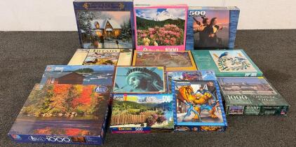 (13) Puzzles Including (1) 500 Piece Titanic Scene, (1) 1000 Thomas Kinkade &ldquo;Skater&rsquo;s Pond&rdquo; Scene, (1) Kids 63 Piece X-Men Image, And More